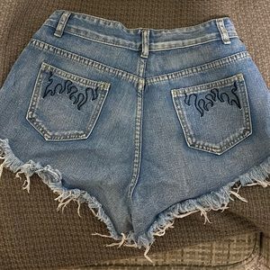 Denim Shorts with Fire Embroidery